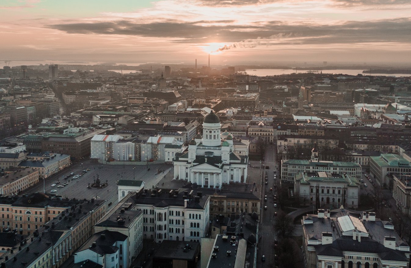 Aerial View of City during Sunset